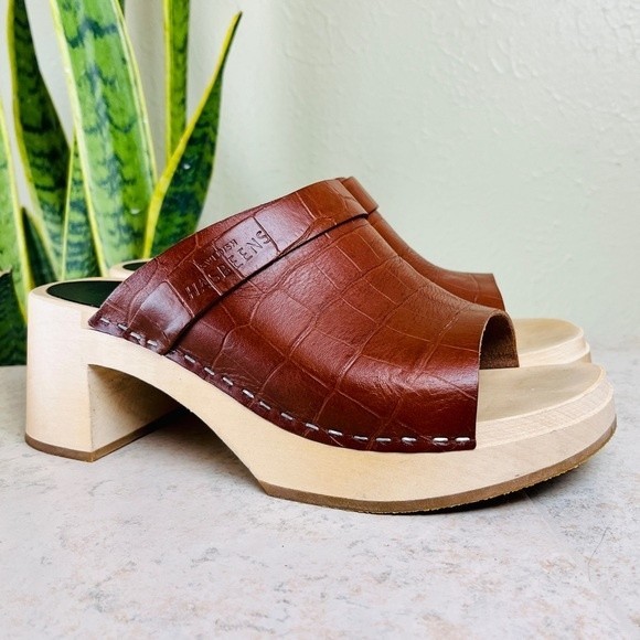 SWEDISH HASBEENS Brown Leather Croc Platform Mules Clogs Sandals Shoes 38 8 8.5 - Picture 2 of 11